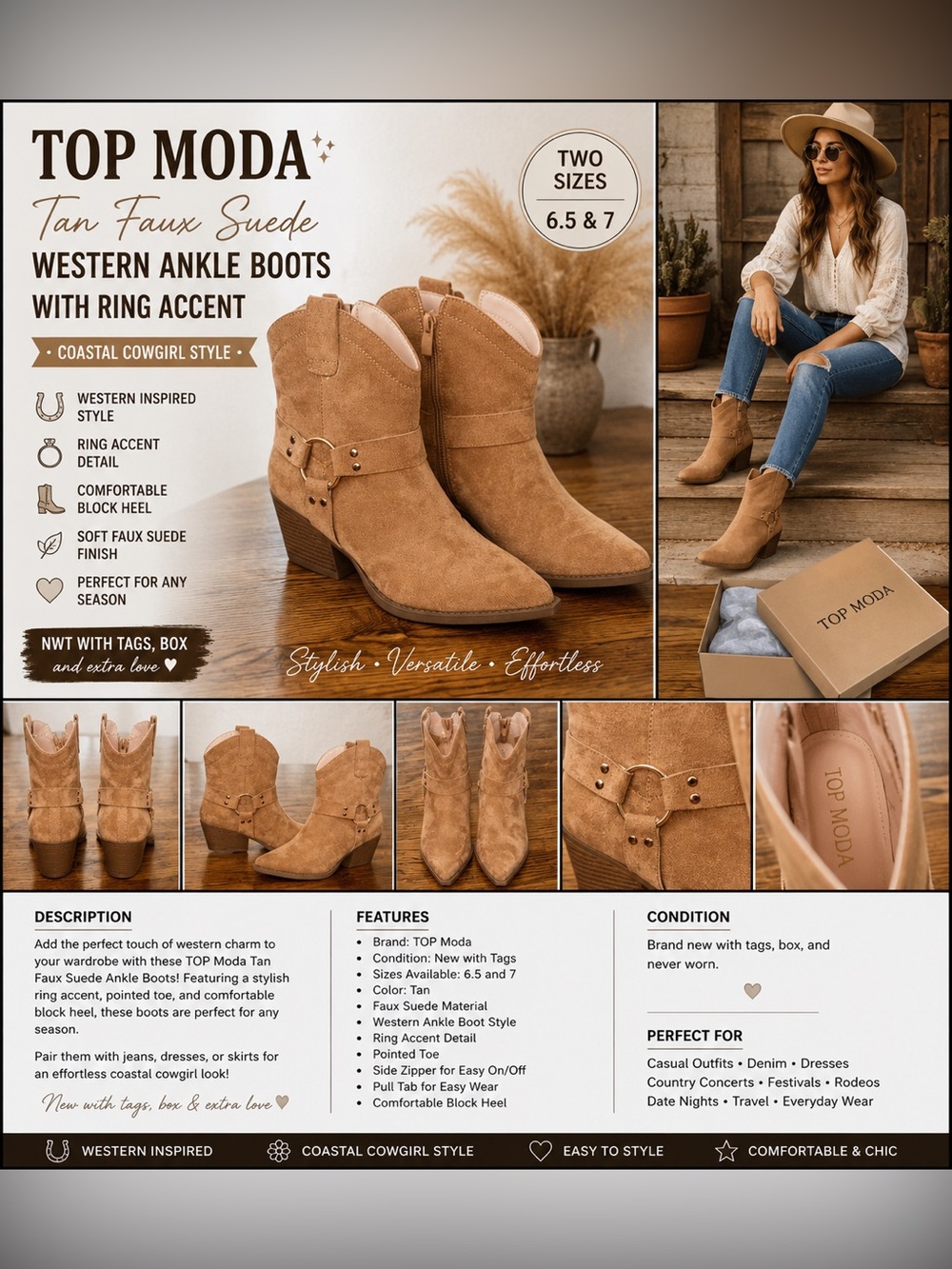 TOP Moda Tan Faux Suede Western Ankle Boots NWT Coastal Cowgirl Size 6.5 and 7